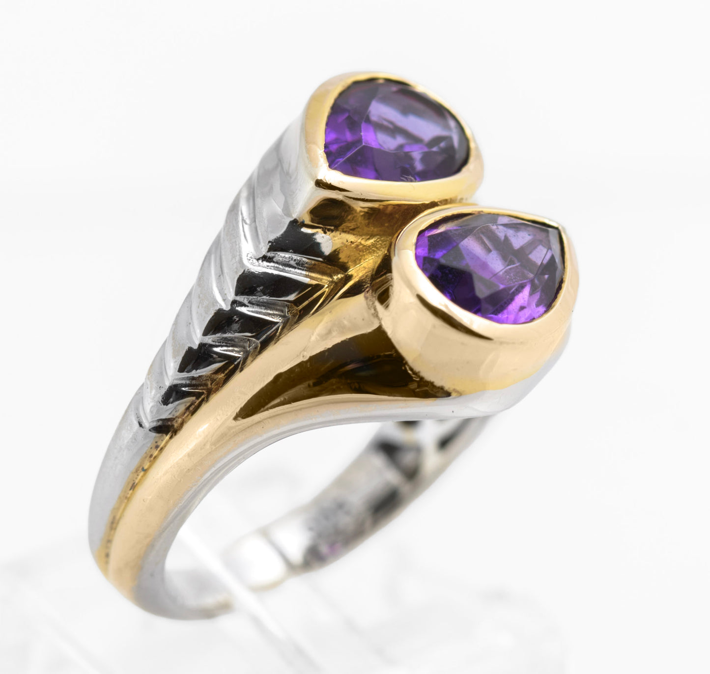 Vintage Sterling Silver Natural Amethyst & Gold Highlight Twin Head Ring Size O (C2827)