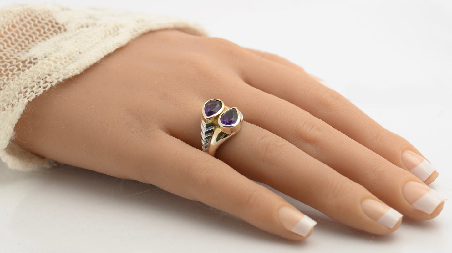 Vintage Sterling Silver Natural Amethyst & Gold Highlight Twin Head Ring Size O (C2827)