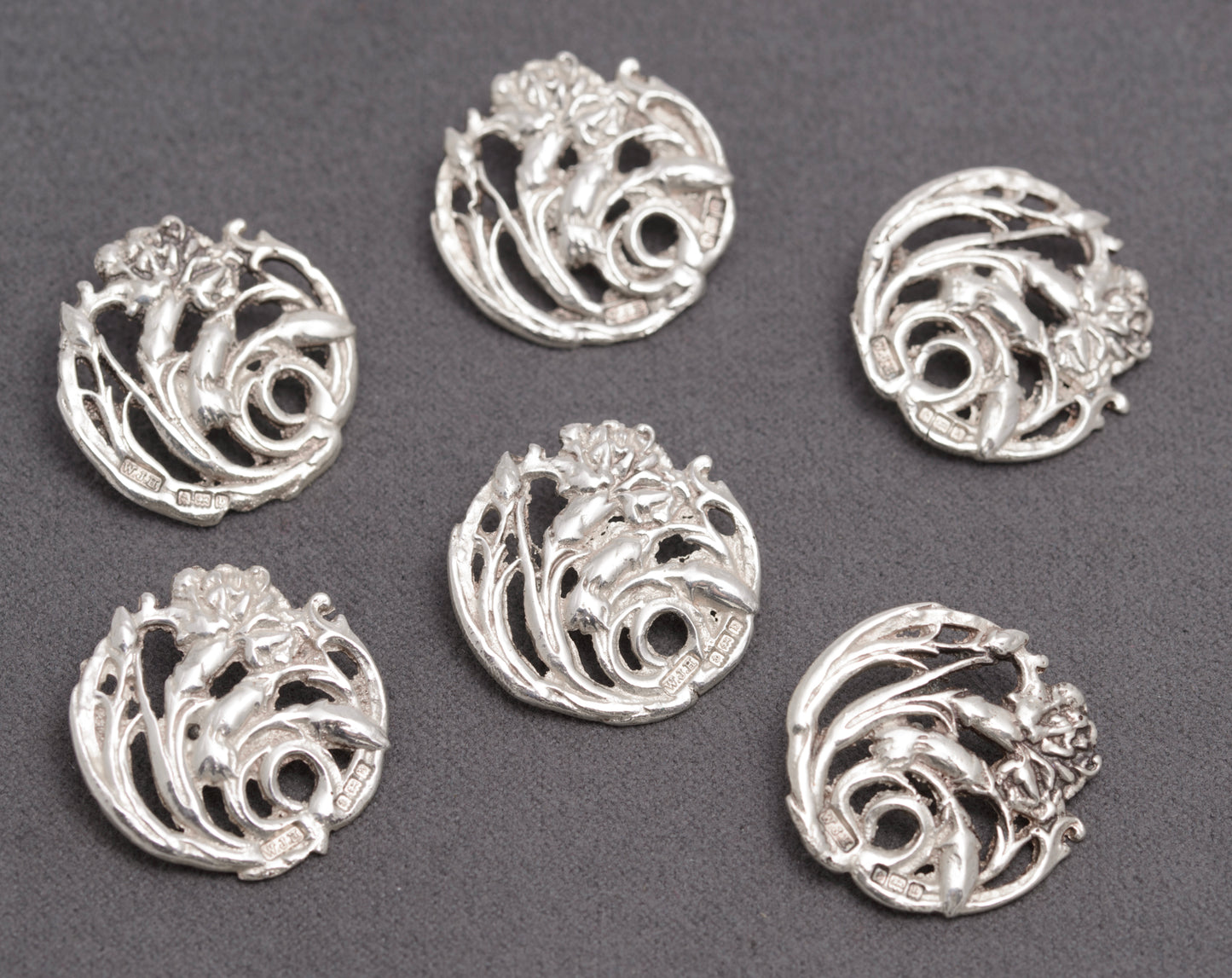 Set Of 6 Antique Art Nouveau Sterling Silver Buttons Hallmarked 1901 (C2830)