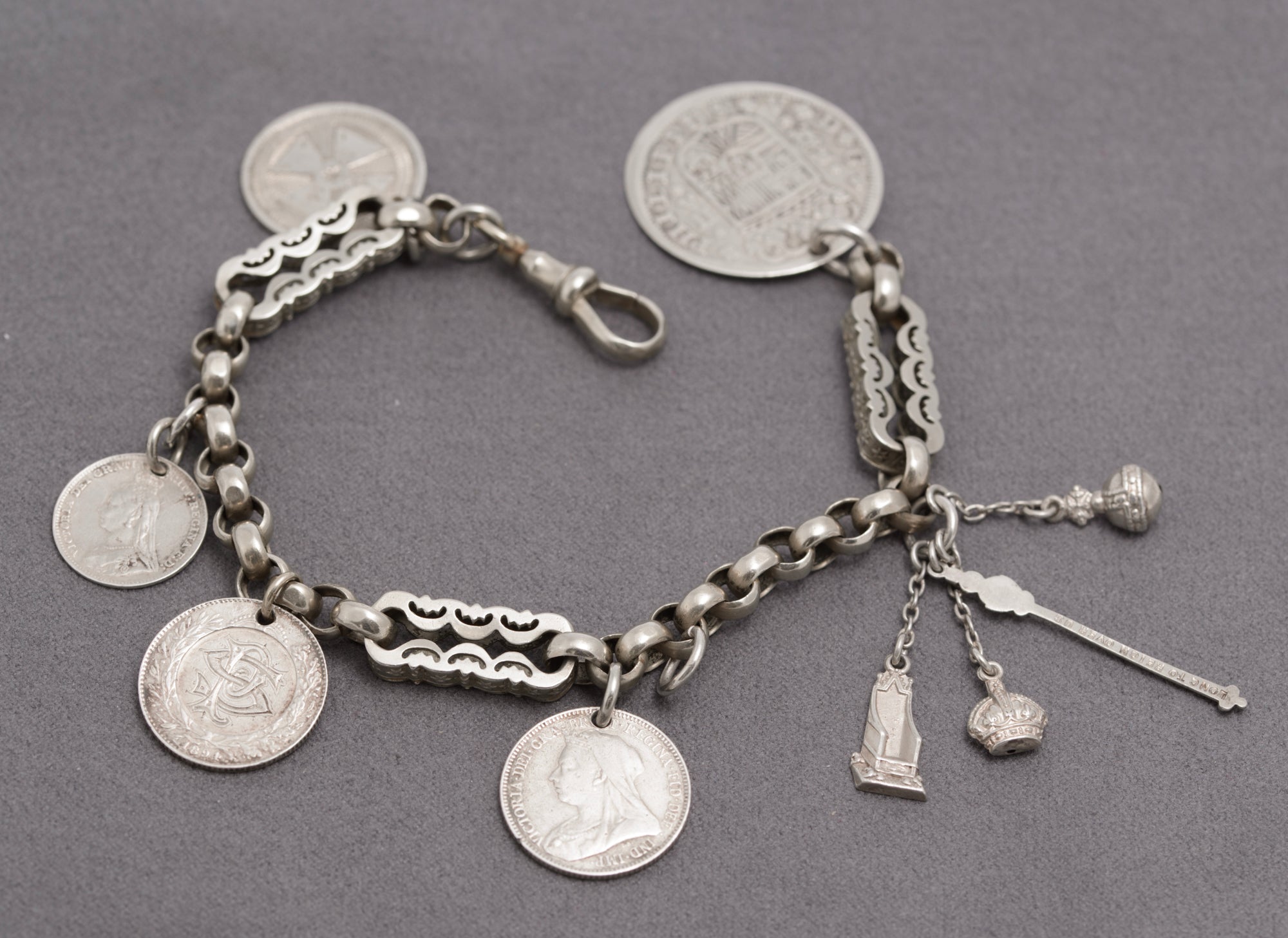 Antique Victorian White Metal Fancy Link Coin Bracelet Converted Watch Chain (C2833)