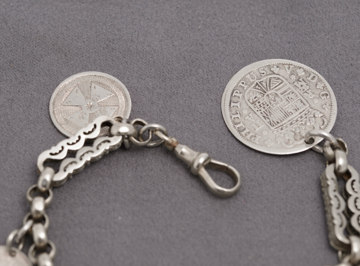 Antique Victorian White Metal Fancy Link Coin Bracelet Converted Watch Chain (C2836)