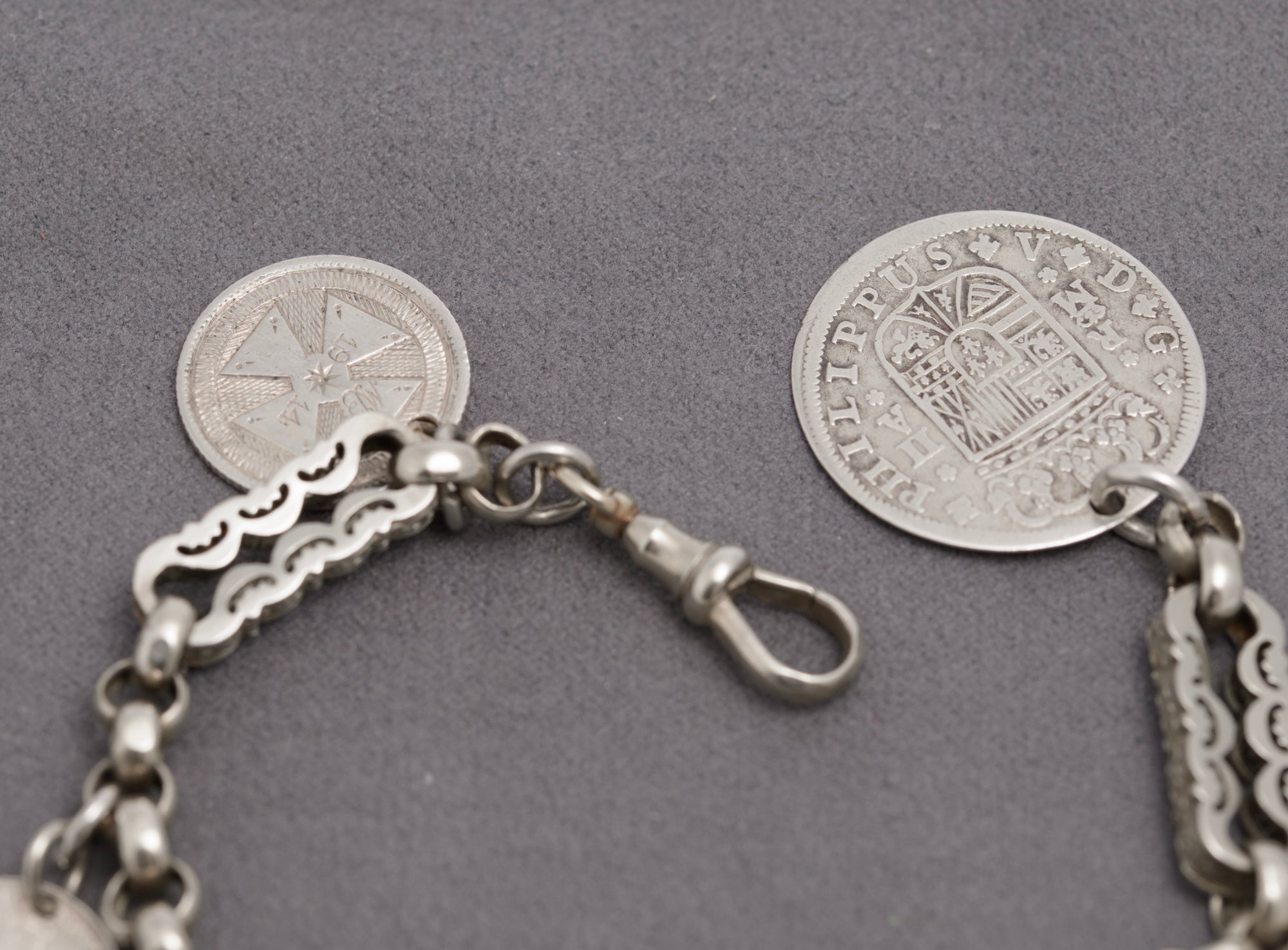 Antique Victorian White Metal Fancy Link Coin Bracelet Converted Watch Chain (C2833)