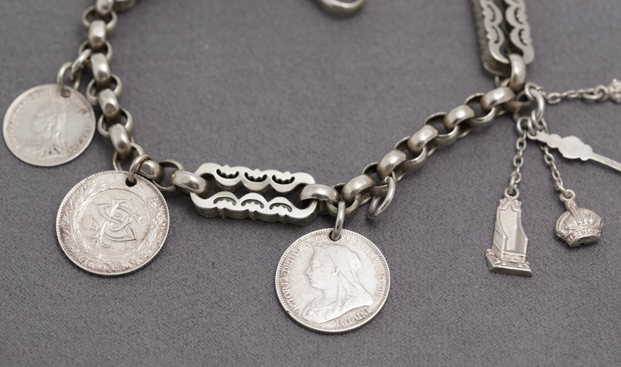 Antique Victorian White Metal Fancy Link Coin Bracelet Converted Watch Chain (C2833)