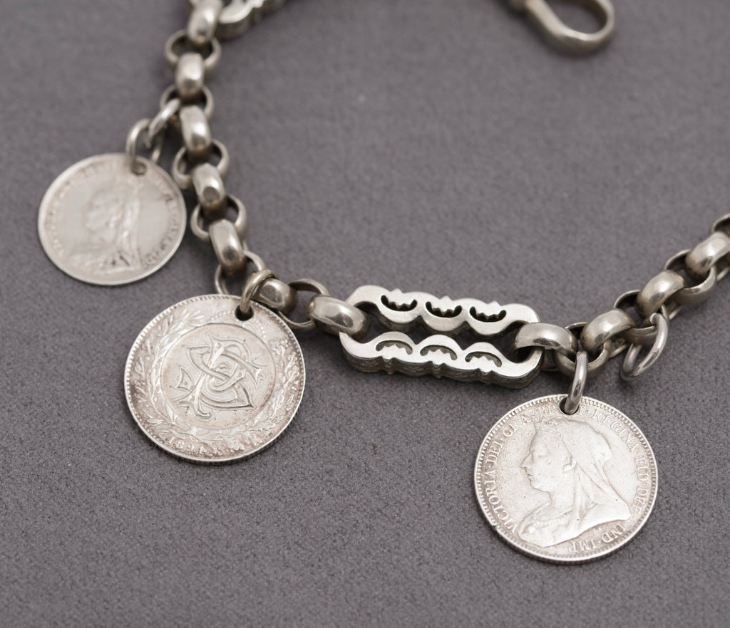 Antique Victorian White Metal Fancy Link Coin Bracelet Converted Watch Chain (C2833)