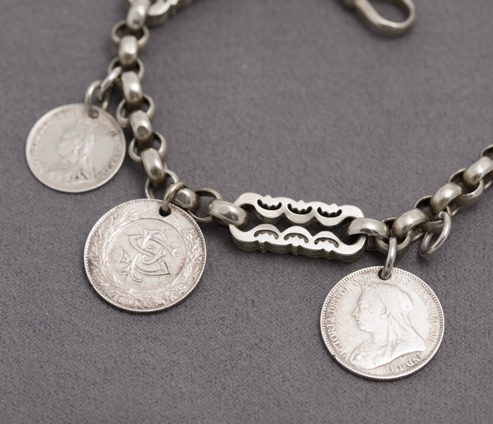Antique Victorian White Metal Fancy Link Coin Bracelet Converted Watch Chain (C2833)