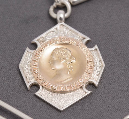 Antique Edwardian Sterling Silver Trombone Link Watch Chain & Fob (C2834)