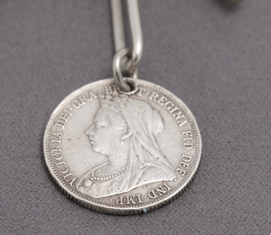 Antique Sterling Silver Trombone Link Watch Chain With Victorian Shilling Fob (C2836)