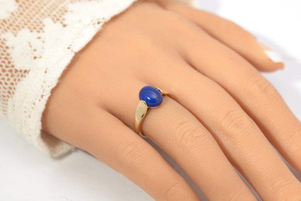 9ct Gold Dress Ring - Natural Blue Lapis Lazuli Polished Cabochon UK Size O (C2844)