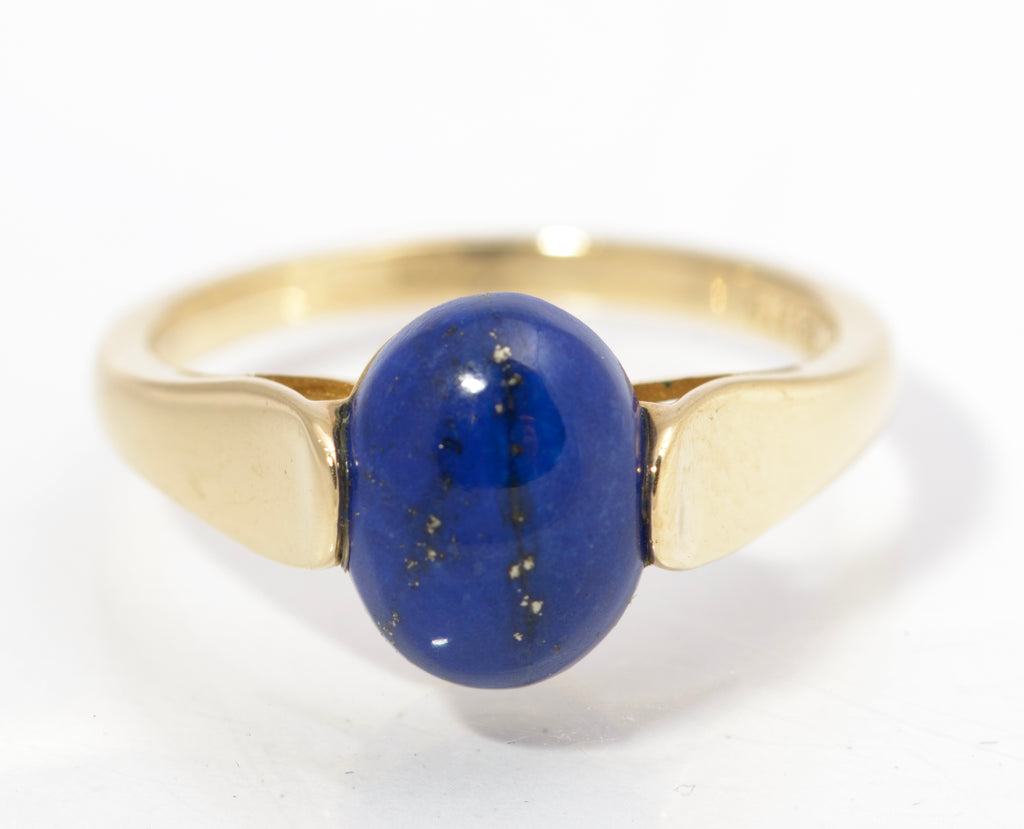 9ct Gold Dress Ring - Natural Blue Lapis Lazuli Polished Cabochon UK Size O (C2844)