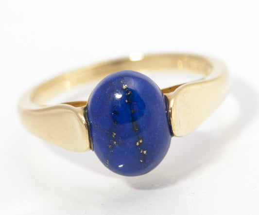 9ct Gold Dress Ring - Natural Blue Lapis Lazuli Polished Cabochon UK Size O (C2844)