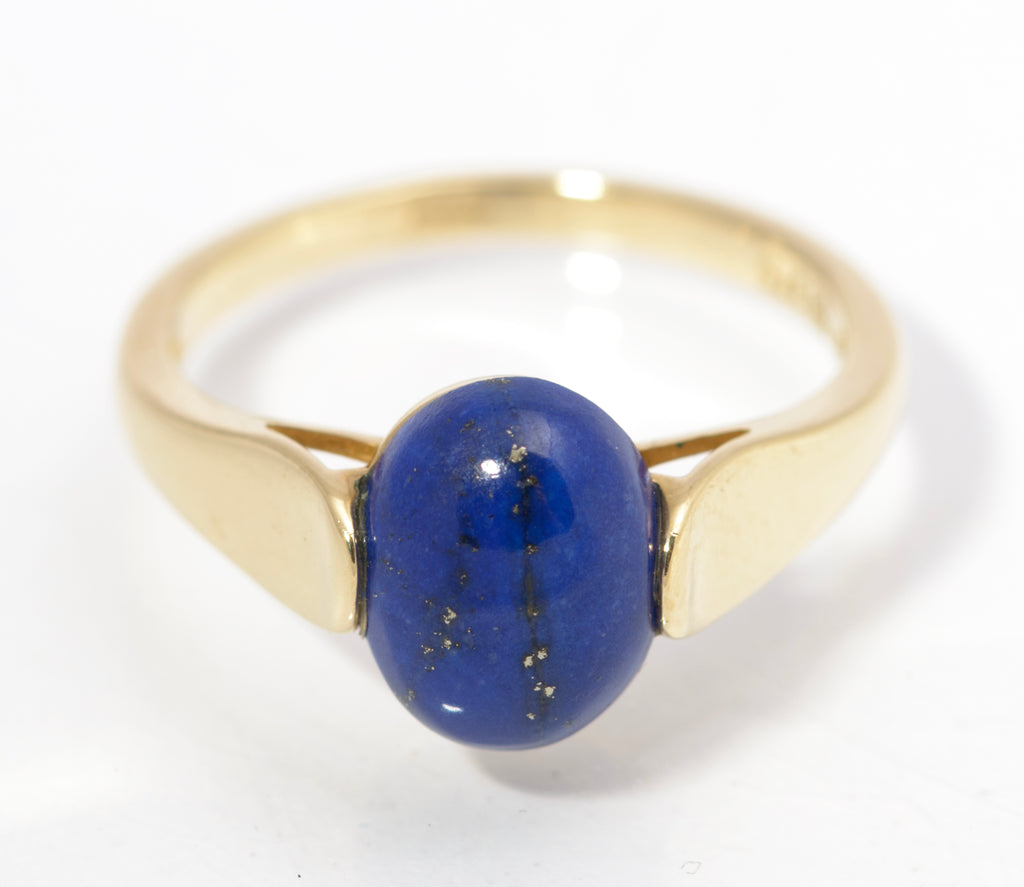 9ct Gold Dress Ring - Natural Blue Lapis Lazuli Polished Cabochon UK Size O (C2844)