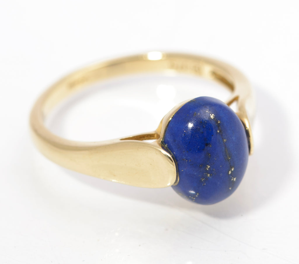 9ct Gold Dress Ring - Natural Blue Lapis Lazuli Polished Cabochon UK Size O (C2844)