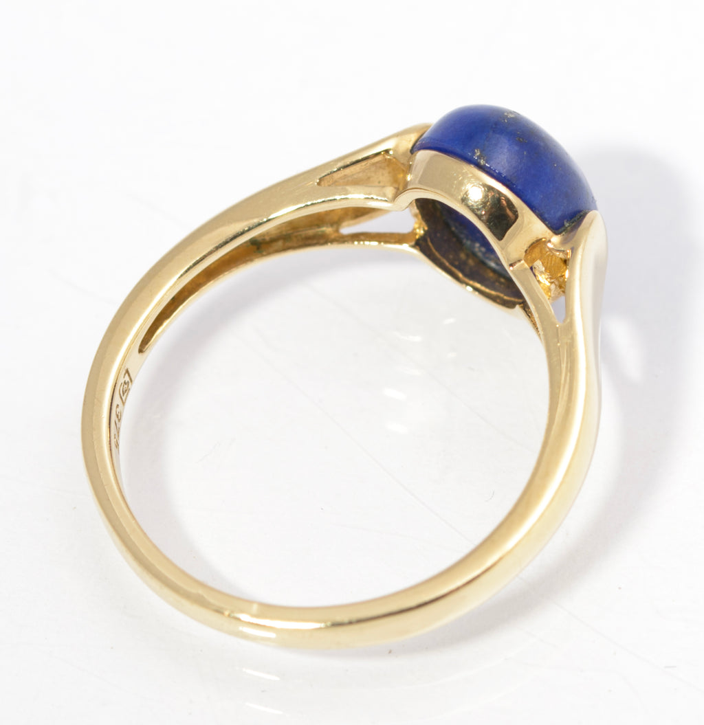 9ct Gold Dress Ring - Natural Blue Lapis Lazuli Polished Cabochon UK Size O (C2844)