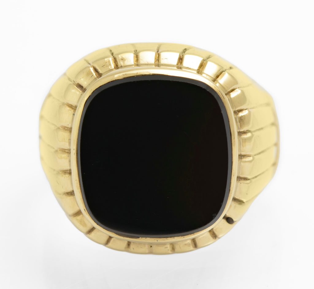Vintage 8ct Gold (333) Large Men's Black Onyx Signet Ring Ribbed Design (C2851)