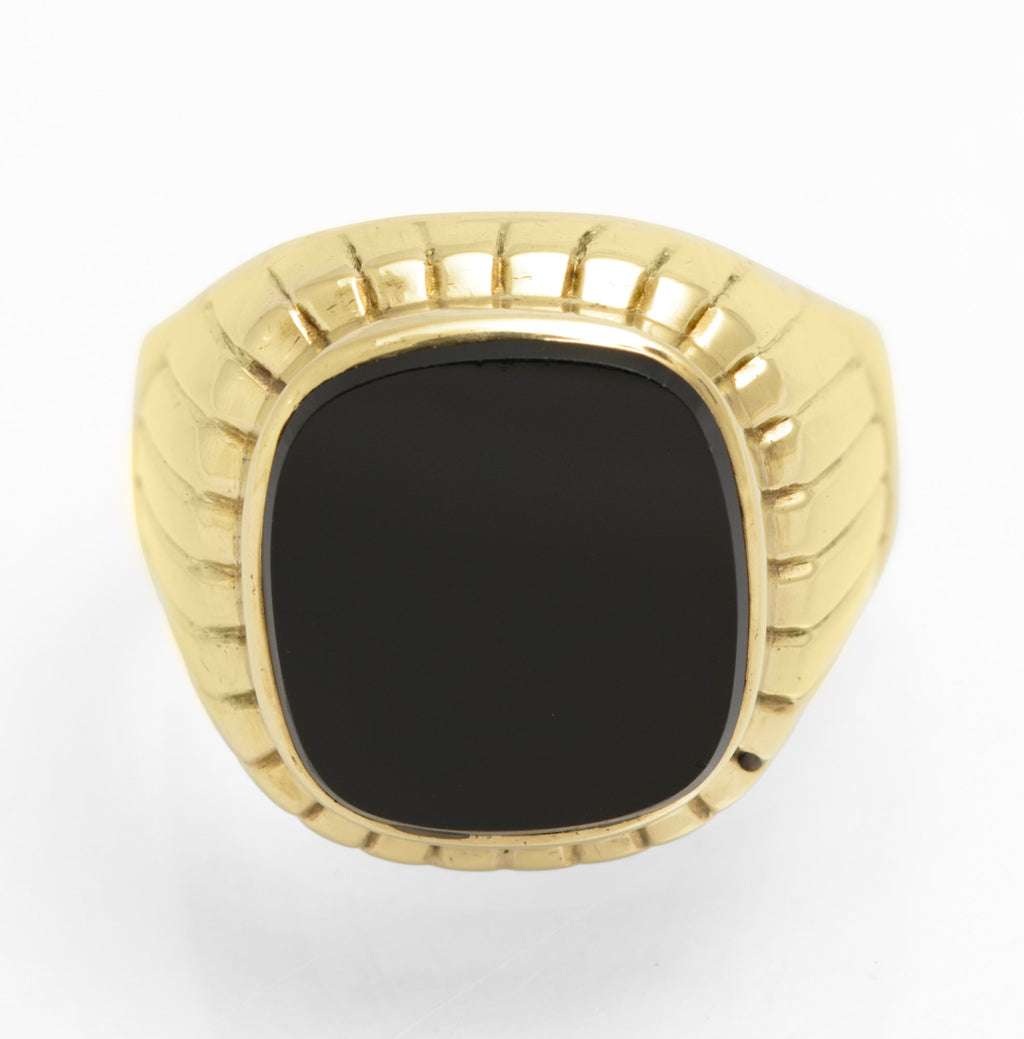 Vintage 8ct Gold (333) Large Men's Black Onyx Signet Ring Ribbed Design (C2851)
