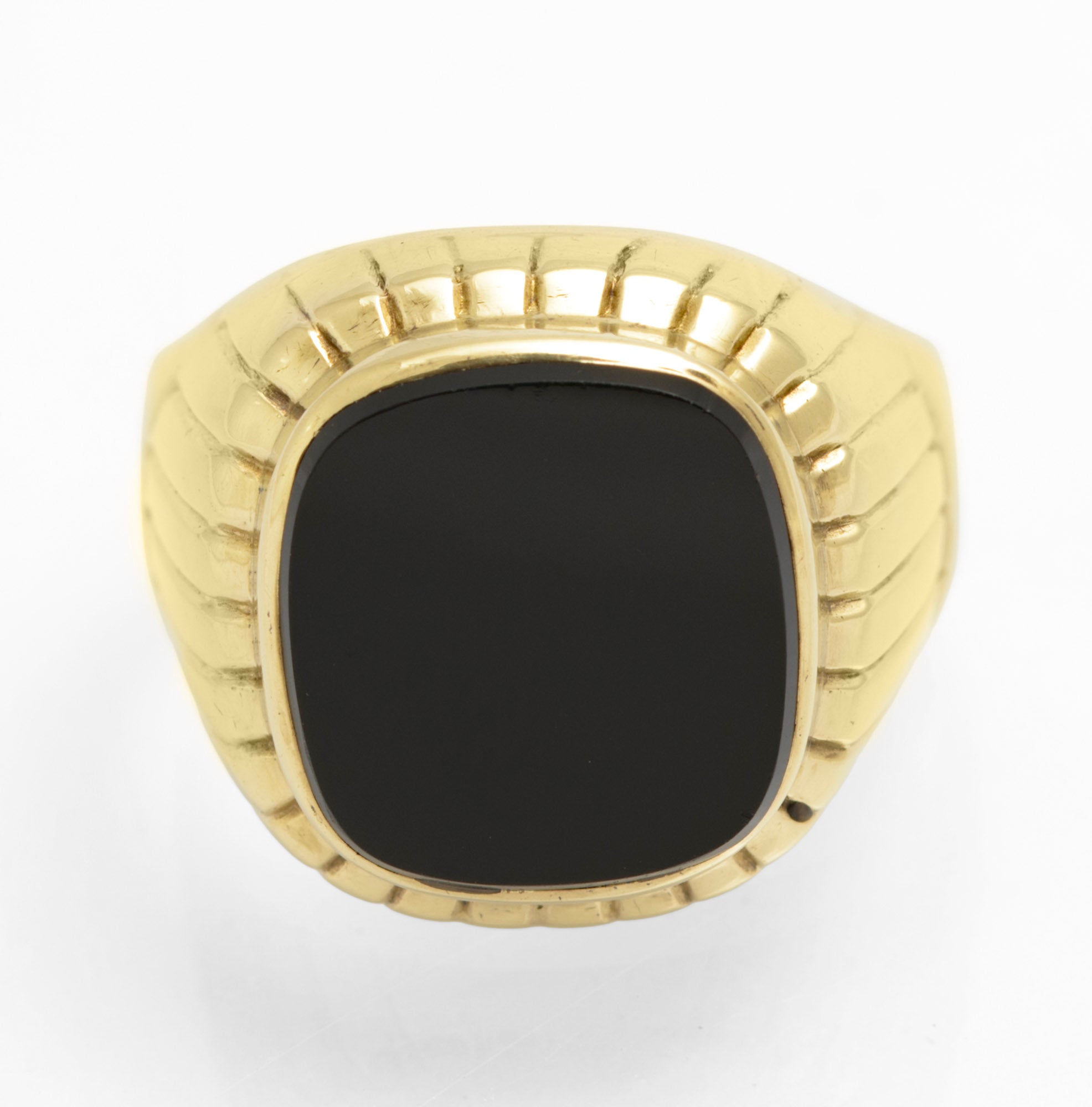 Vintage 8ct Gold (333) Large Men's Black Onyx Signet Ring Ribbed Design (C2851)