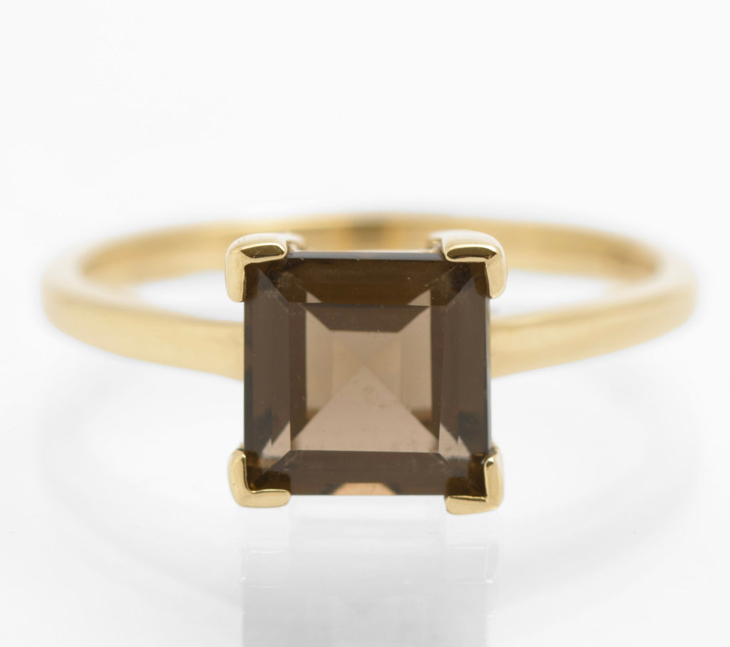9ct Gold & Square Facet Cut Natural Smoky Quartz Ring Women's Size N (C2852)