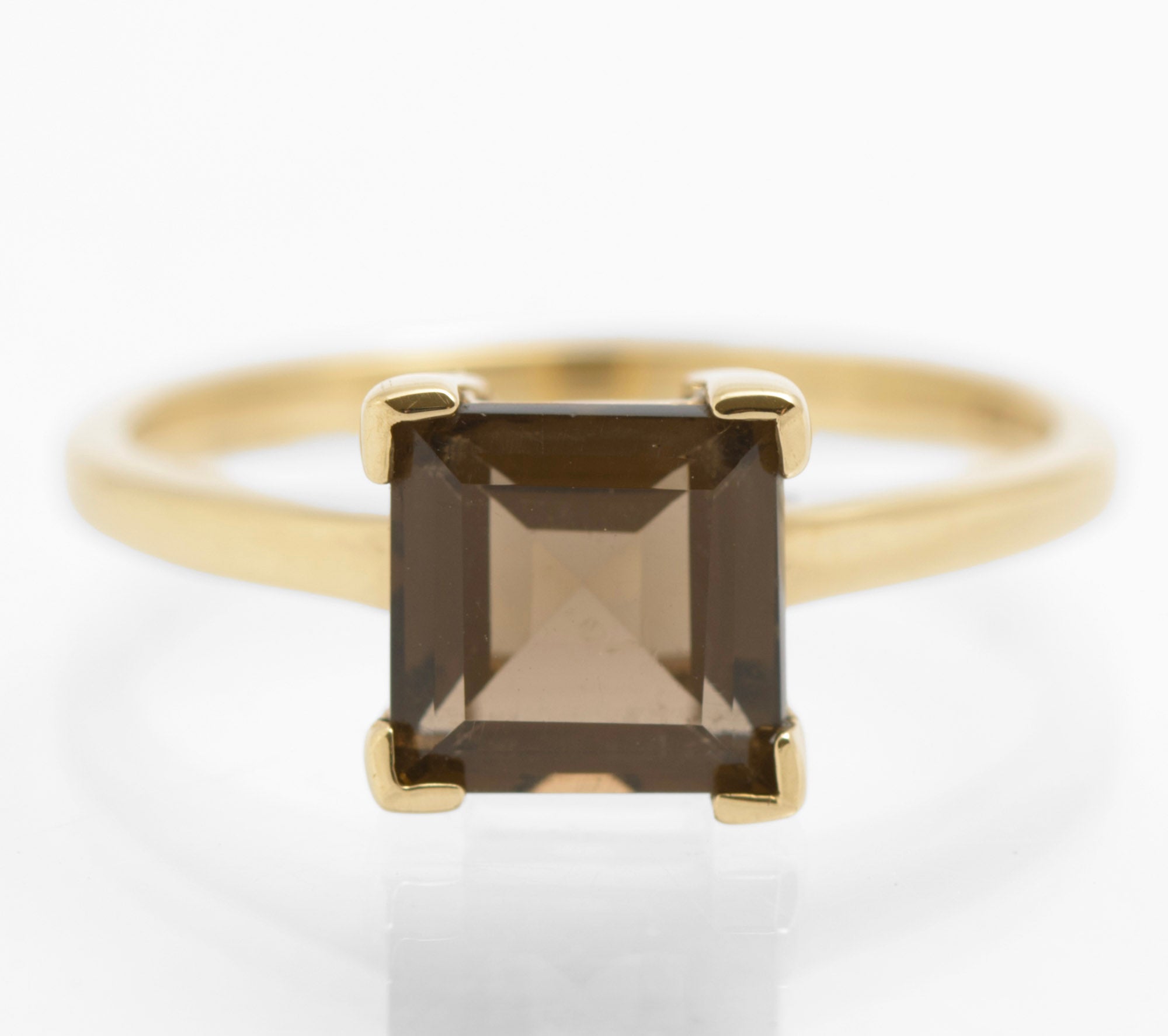 9ct Gold & Square Facet Cut Natural Smoky Quartz Ring Women's Size N (C2852)
