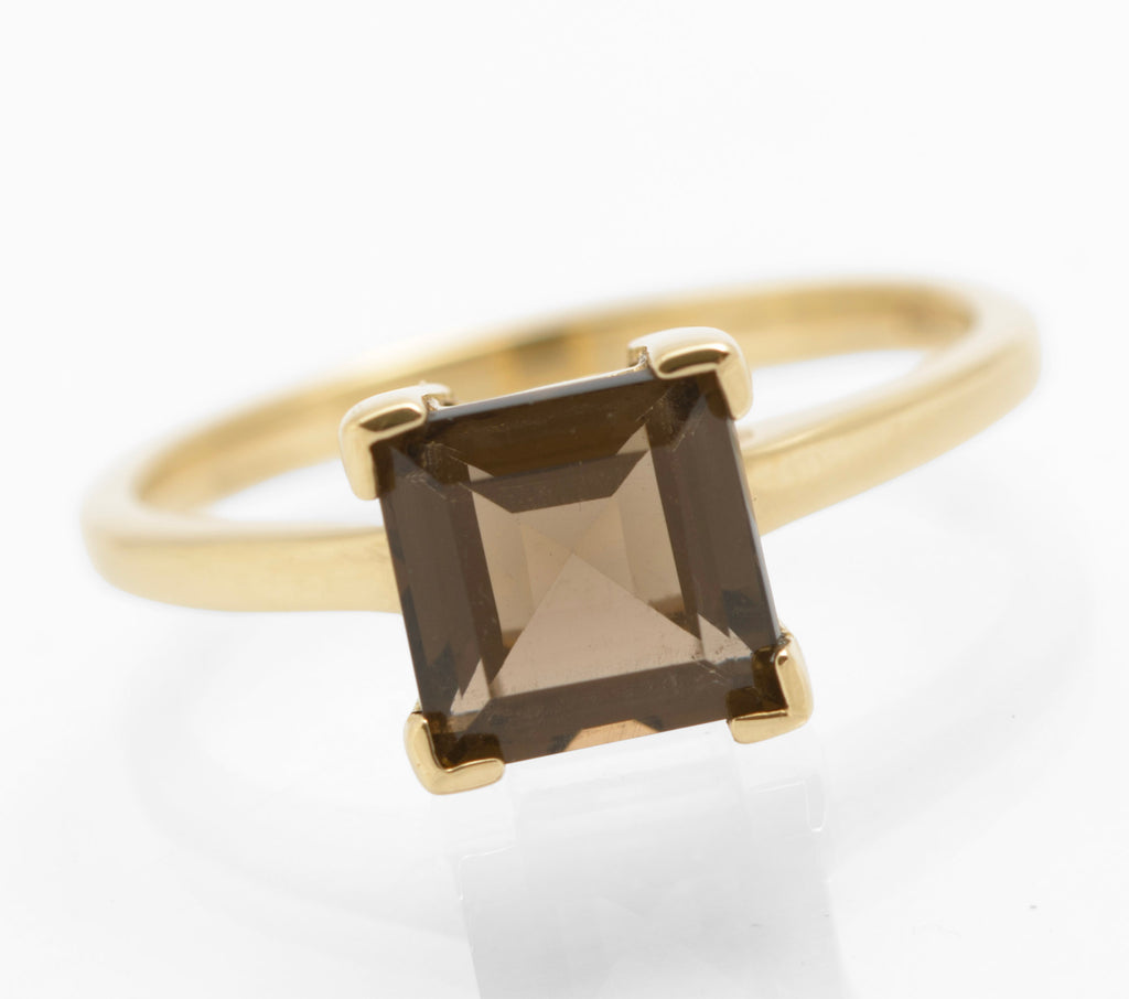 9ct Gold & Square Facet Cut Natural Smoky Quartz Ring Women's Size N (C2852)