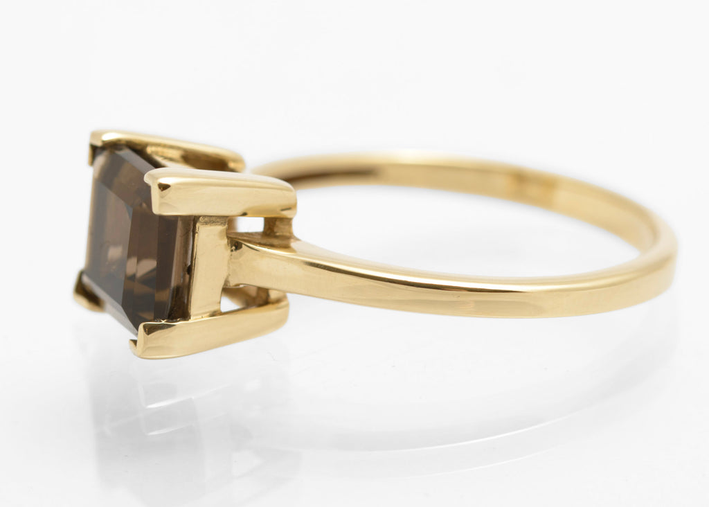 9ct Gold & Square Facet Cut Natural Smoky Quartz Ring Women's Size N (C2852)