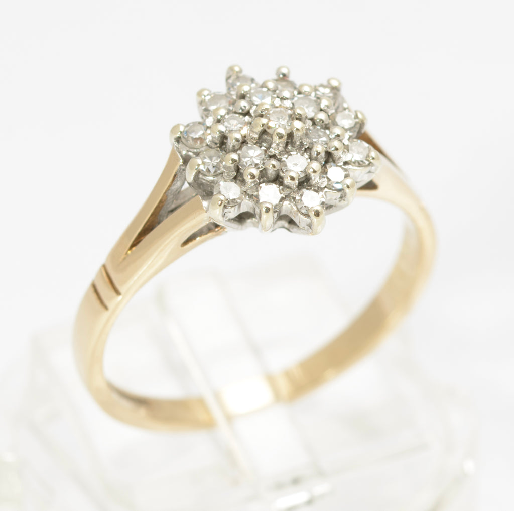Vintage 9ct Gold Natural Diamond Cluster Ring - Double Halo Starburst - Birmingham 1991 - UK Size P½ - C2853