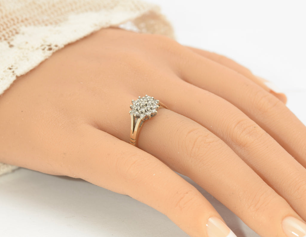 Vintage 9ct Gold Natural Diamond Cluster Ring - Double Halo Starburst - Birmingham 1991 - UK Size P½ - C2853