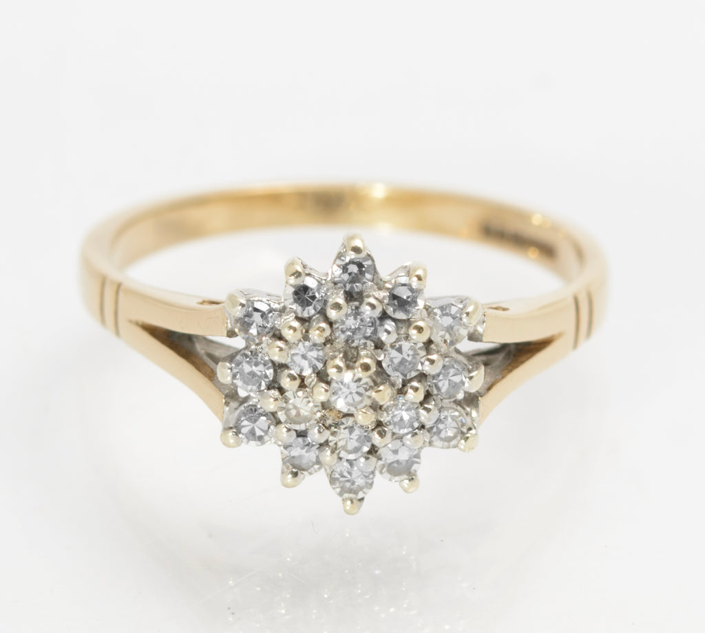 Vintage 9ct Gold Natural Diamond Cluster Ring - Double Halo Starburst - Birmingham 1991 - UK Size P½ - C2853