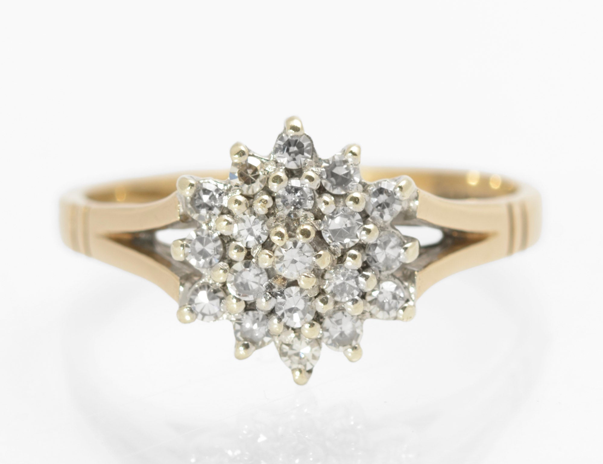 Vintage 9ct Gold Natural Diamond Cluster Ring - Double Halo Starburst - Birmingham 1991 - UK Size P½ - C2853