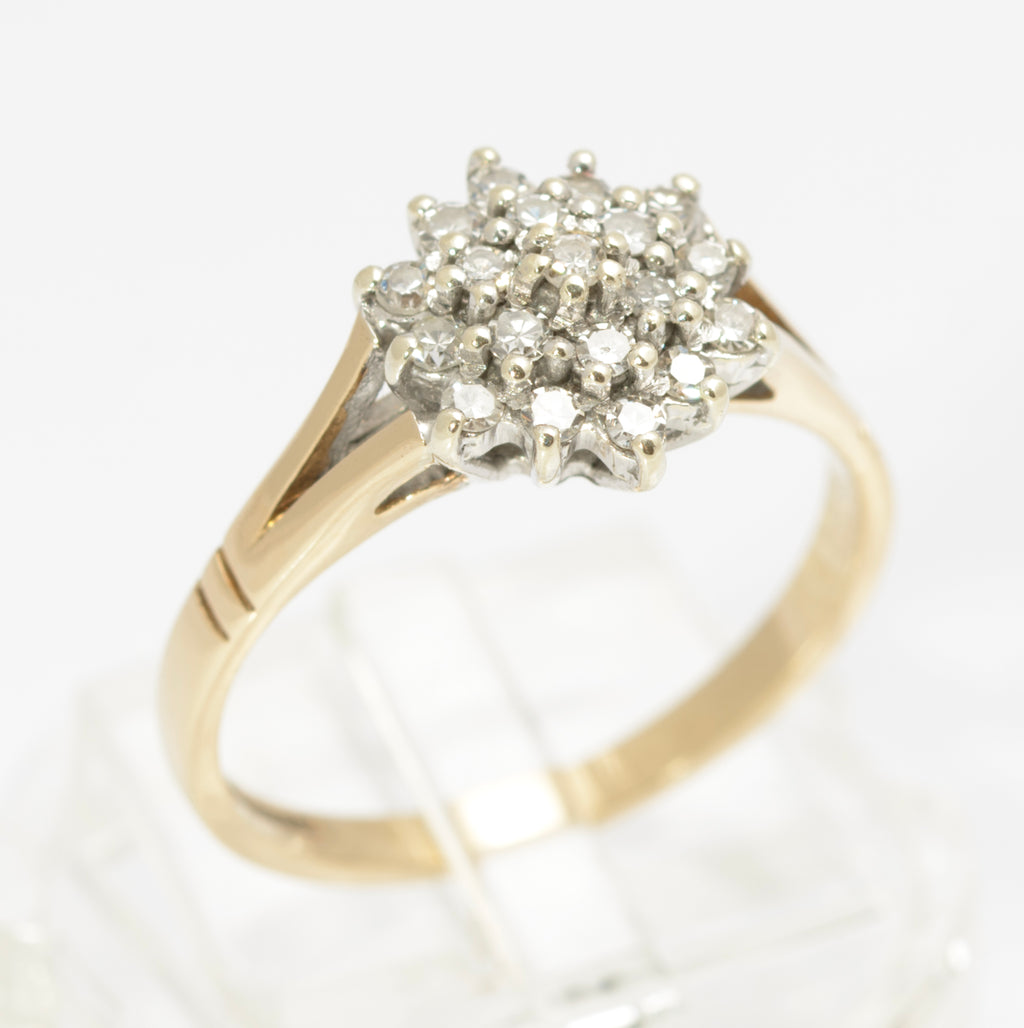 Vintage 9ct Gold Natural Diamond Cluster Ring - Double Halo Starburst - Birmingham 1991 - UK Size P½ - C2853