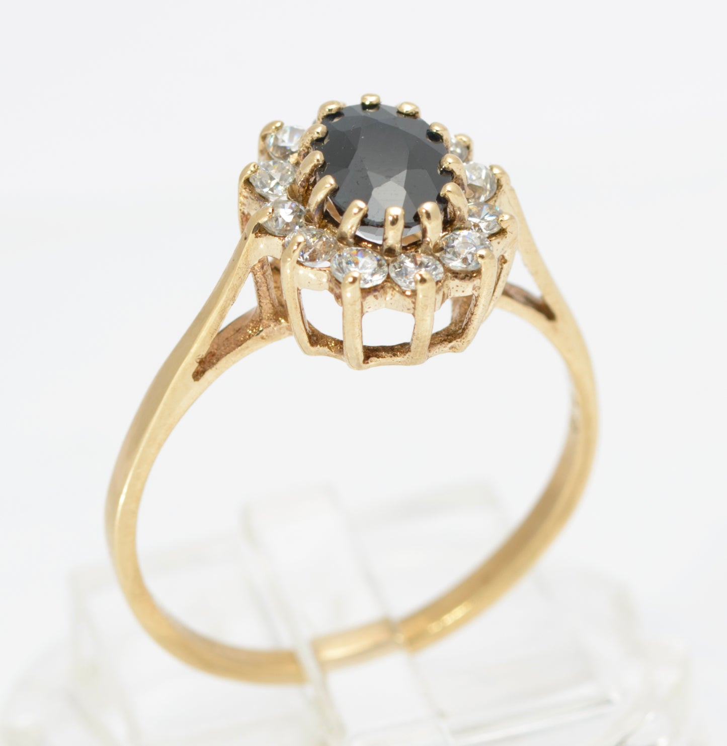 Vintage 9ct Gold & Natural Midnight Blue Sapphire Ring CZ Halo Ladies Size N1/2 (C2858)