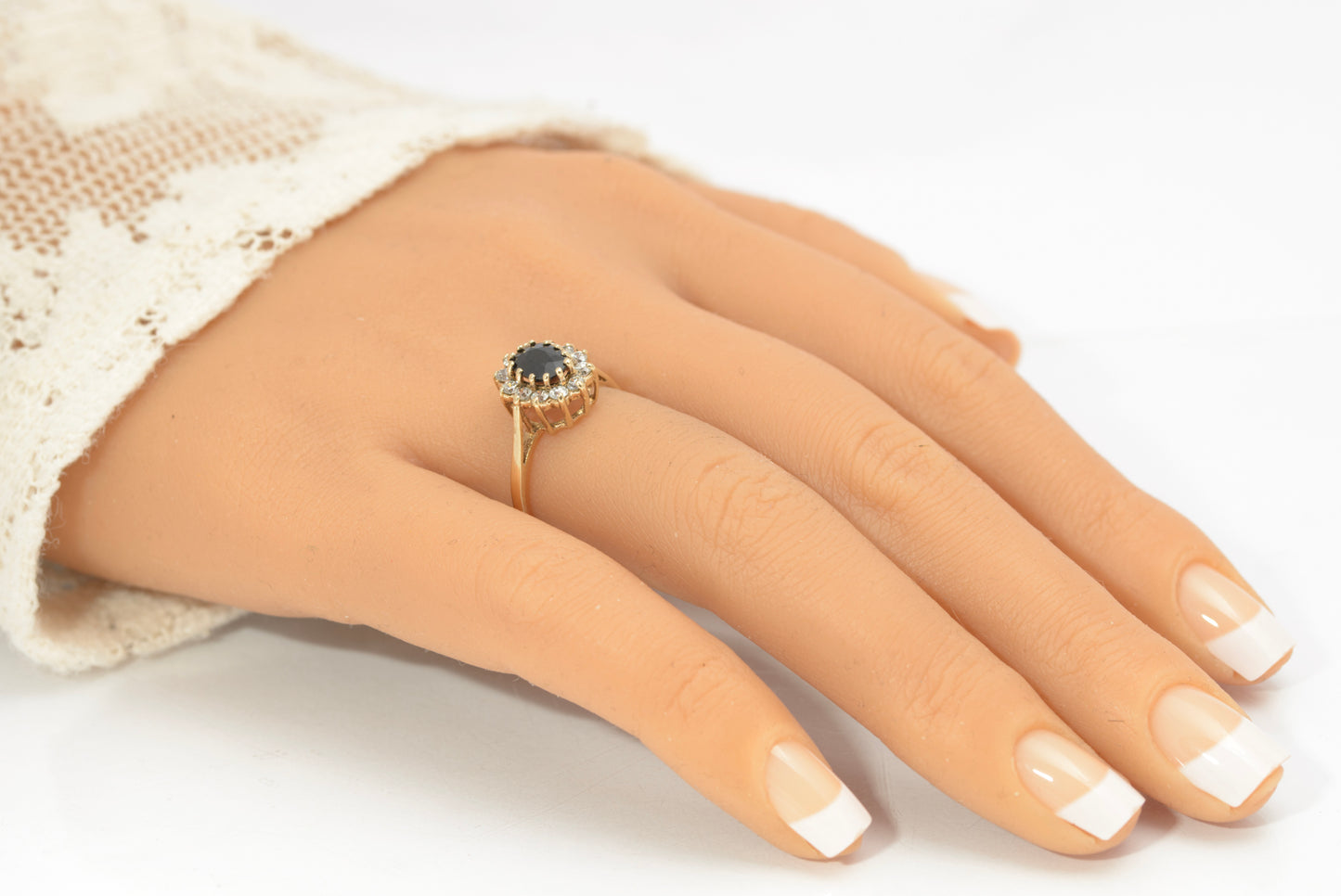 Vintage 9ct Gold & Natural Midnight Blue Sapphire Ring CZ Halo Ladies Size N1/2 (C2858)