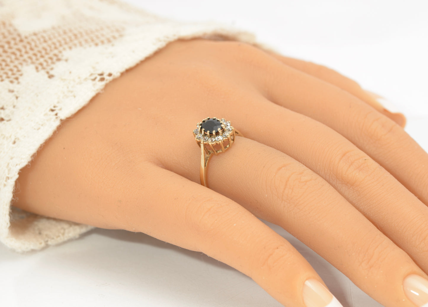 Vintage 9ct Gold & Natural Midnight Blue Sapphire Ring CZ Halo Ladies Size N1/2 (C2858)