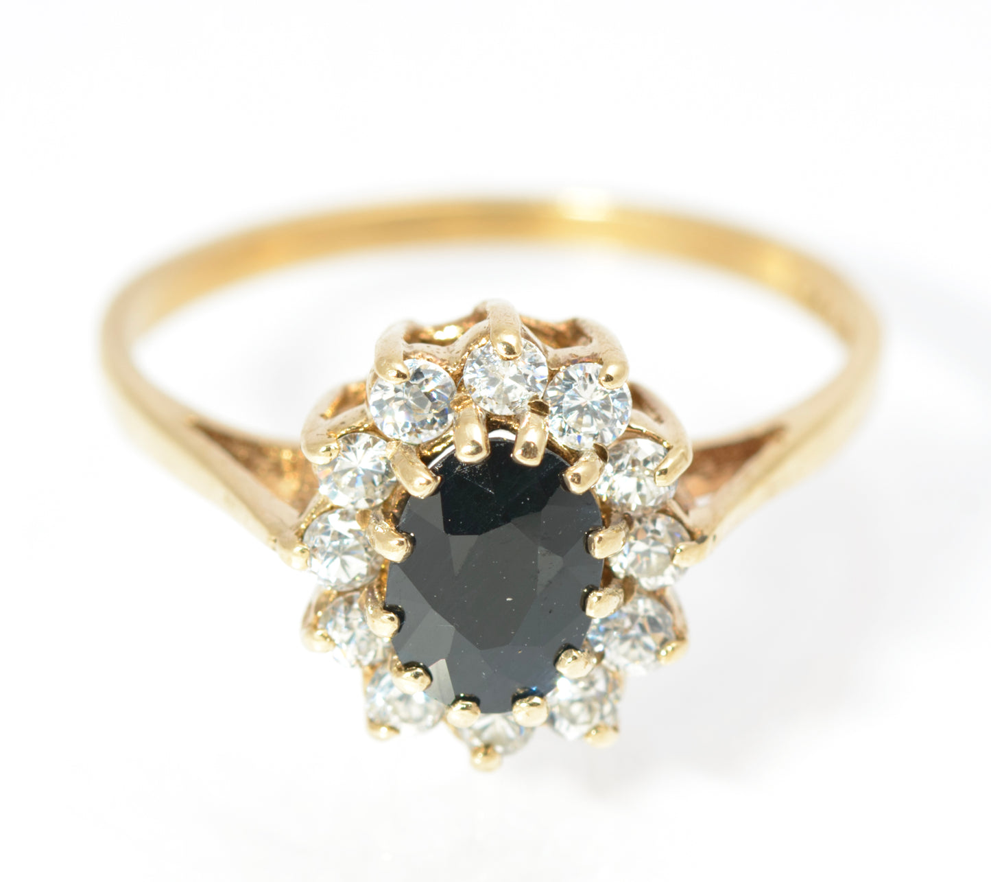 Vintage 9ct Gold & Natural Midnight Blue Sapphire Ring CZ Halo Ladies Size N1/2 (C2858)