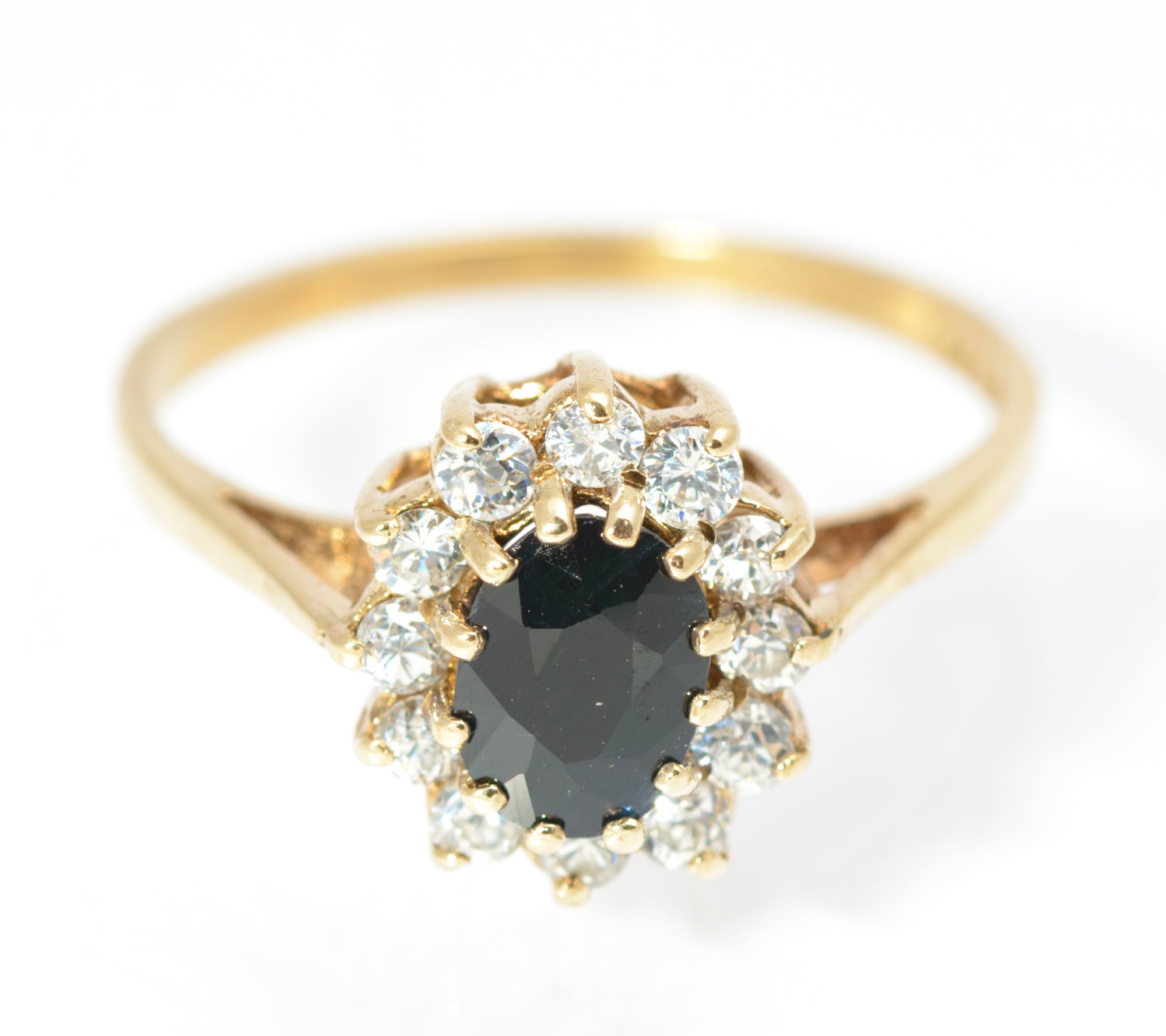 Vintage 9ct Gold & Natural Midnight Blue Sapphire Ring CZ Halo Ladies Size N1/2 (C2858)