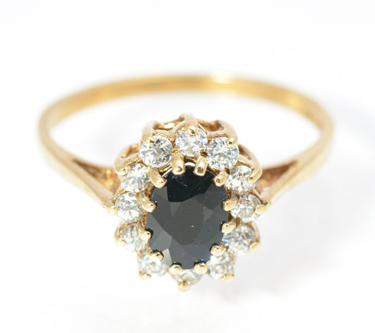 Vintage 9ct Gold & Natural Midnight Blue Sapphire Ring CZ Halo Ladies Size N1/2 (C2858)