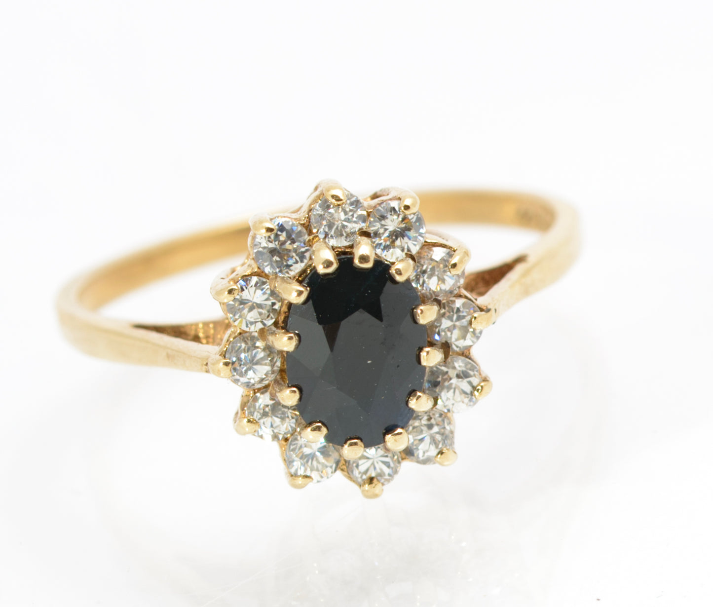 Vintage 9ct Gold & Natural Midnight Blue Sapphire Ring CZ Halo Ladies Size N1/2 (C2858)