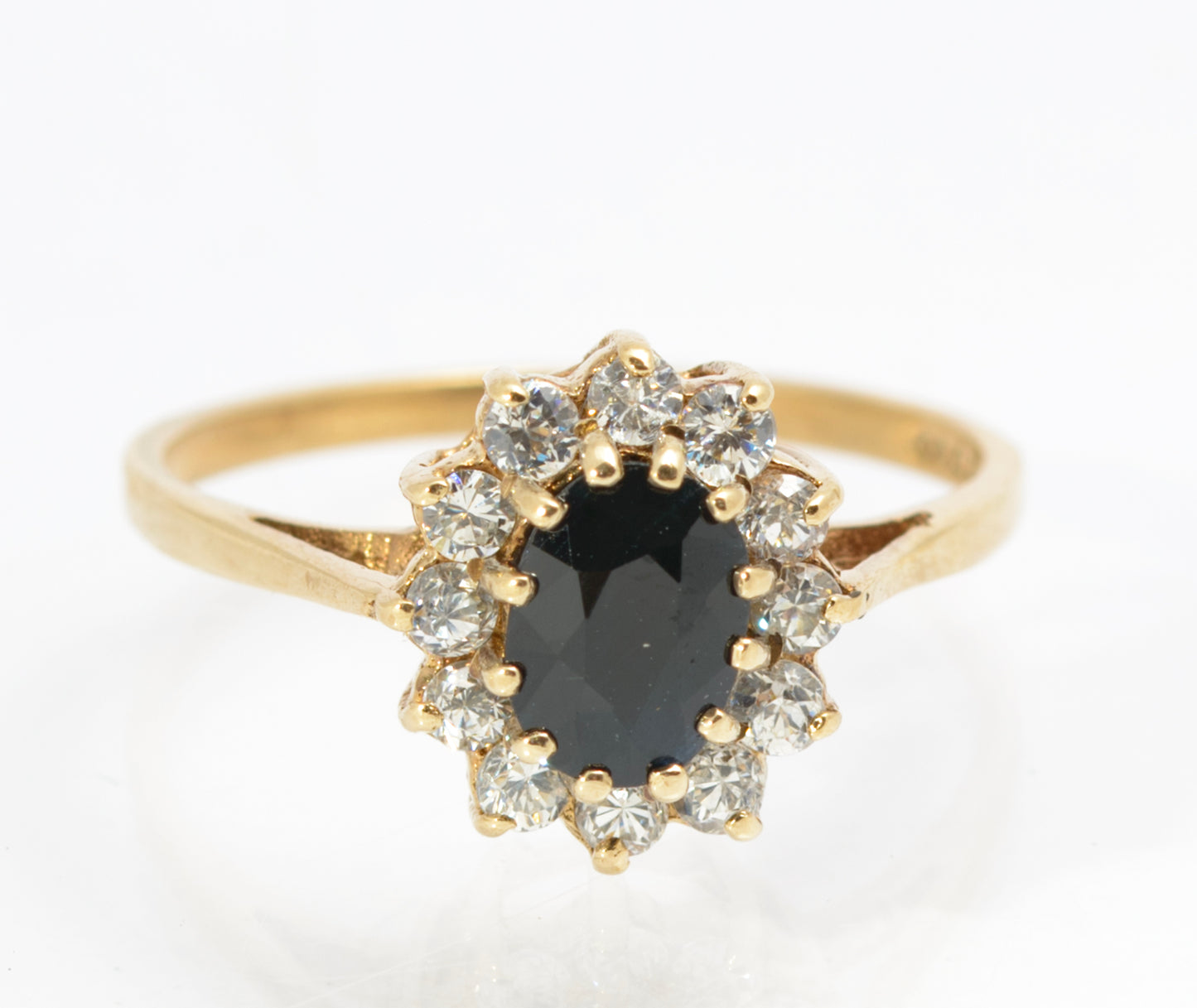 Vintage 9ct Gold & Natural Midnight Blue Sapphire Ring CZ Halo Ladies Size N1/2 (C2858)