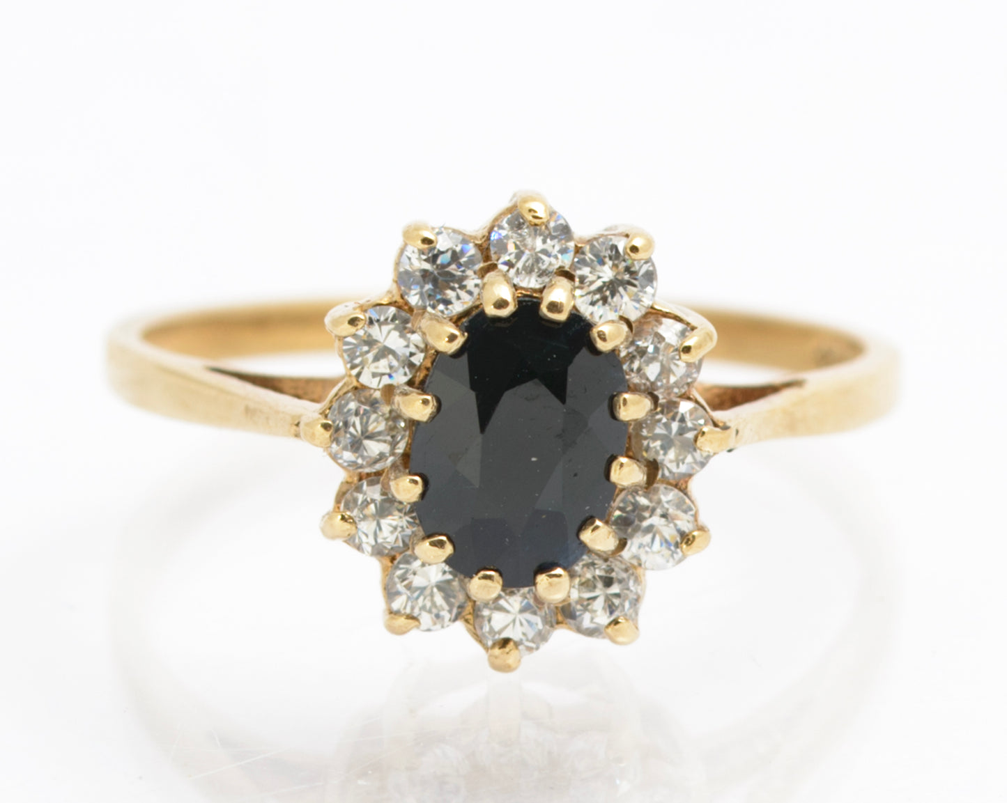 Vintage 9ct Gold & Natural Midnight Blue Sapphire Ring CZ Halo Ladies Size N1/2 (C2858)