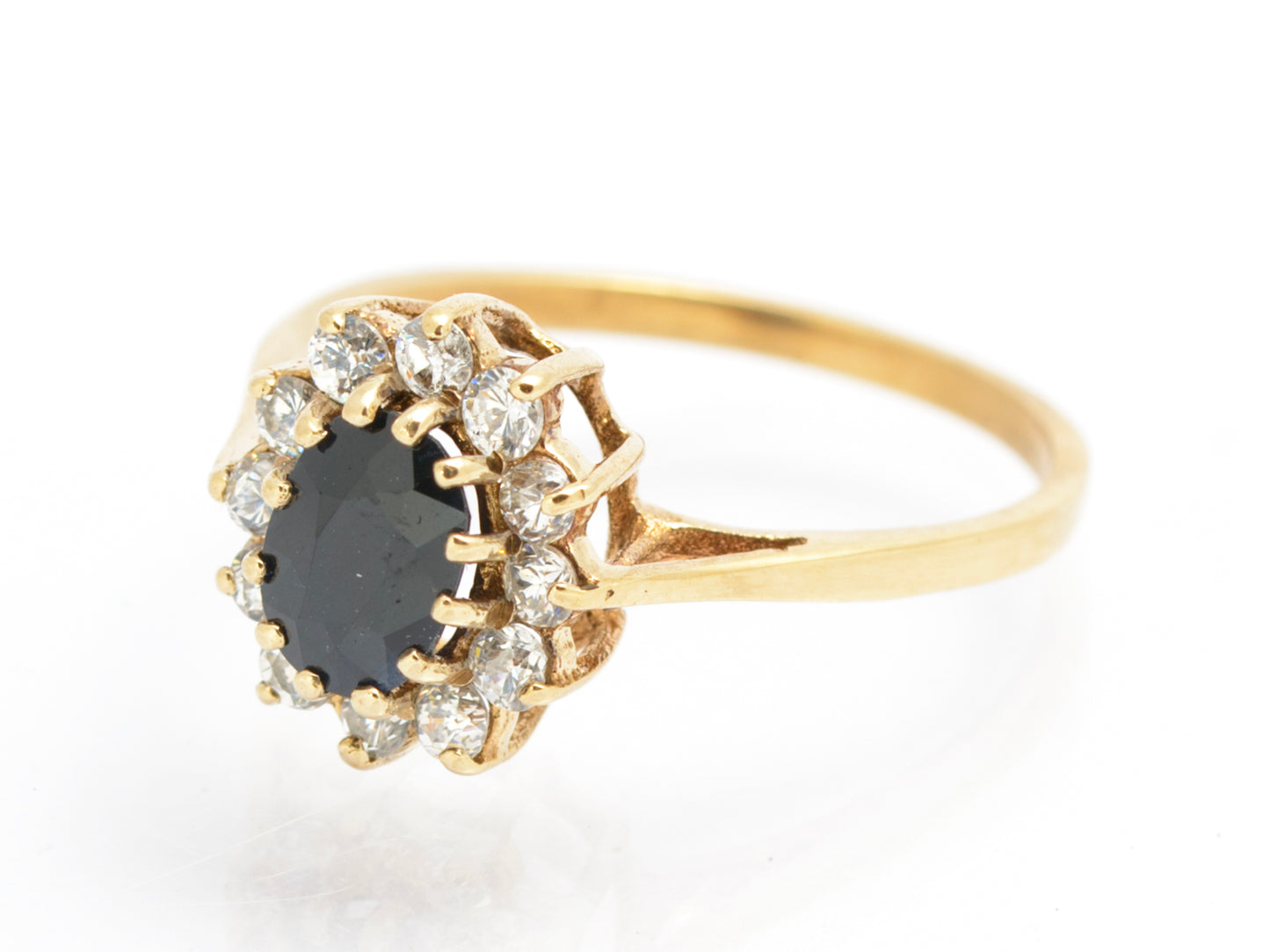 Vintage 9ct Gold & Natural Midnight Blue Sapphire Ring CZ Halo Ladies Size N1/2 (C2858)