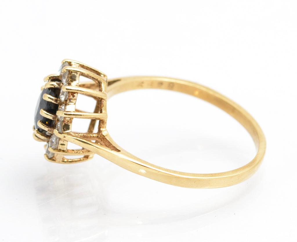 Vintage 9ct Gold & Natural Midnight Blue Sapphire Ring CZ Halo Ladies Size N1/2 (C2858)