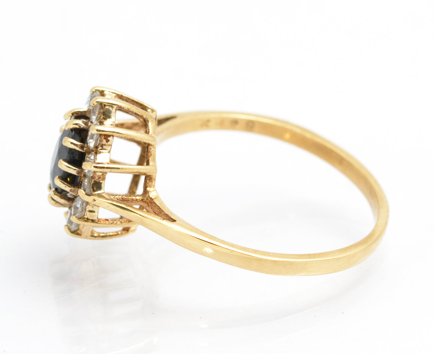 Vintage 9ct Gold & Natural Midnight Blue Sapphire Ring CZ Halo Ladies Size N1/2 (C2858)