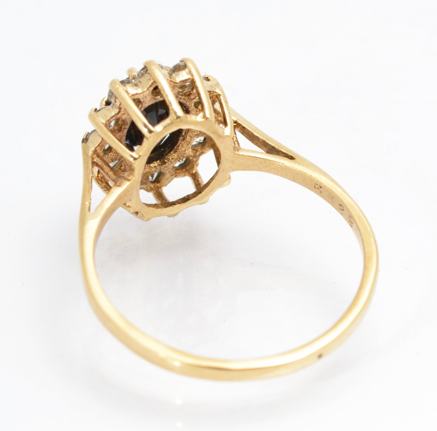 Vintage 9ct Gold & Natural Midnight Blue Sapphire Ring CZ Halo Ladies Size N1/2 (C2858)