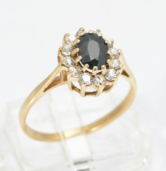 Vintage 9ct Gold & Natural Midnight Blue Sapphire Ring CZ Halo Ladies Size N1/2 (C2858)