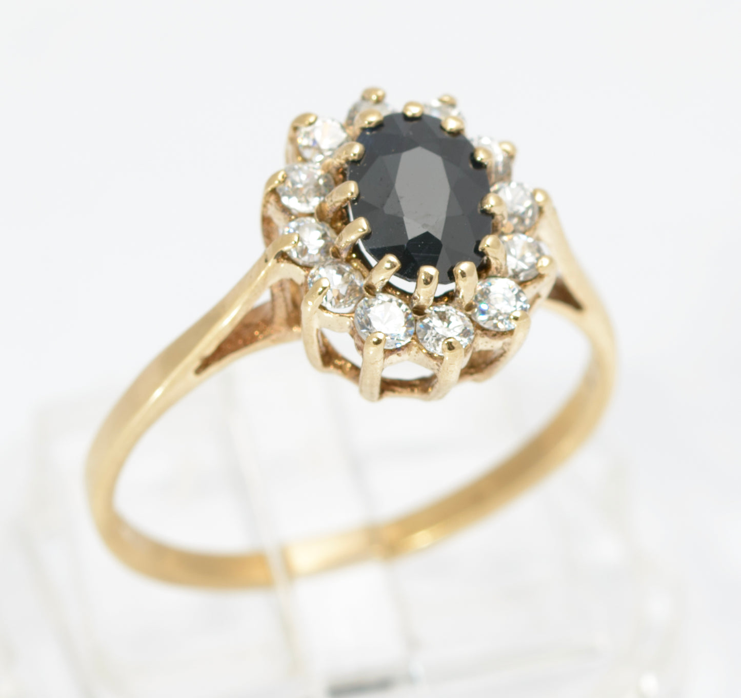 Vintage 9ct Gold & Natural Midnight Blue Sapphire Ring CZ Halo Ladies Size N1/2 (C2858)