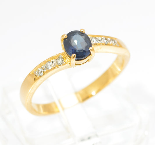 Vintage 18ct Gold Natural Sapphire & Diamond Offset Shoulder Ring UK Size L (C2860)