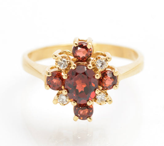 Vintage 9ct Gold Natural Garnet & Diamond Cross Halo Ring Women's Size N1/2 (C2861)