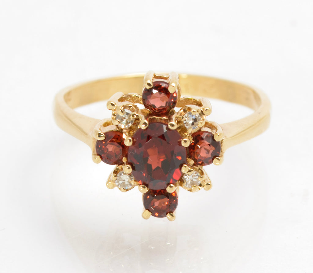 Vintage 9ct Gold Natural Garnet & Diamond Cross Halo Ring Women's UK Size N1/2 (C2861)
