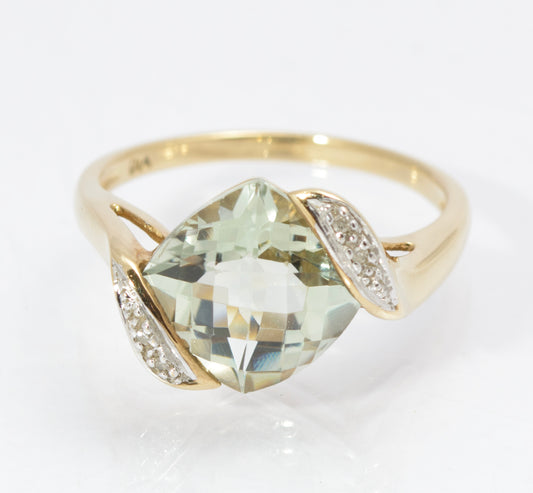 Stylish 9ct Gold & Natural Prasiolite & Diamond Offset Shoulder Ring Size P1/2 (C2864)