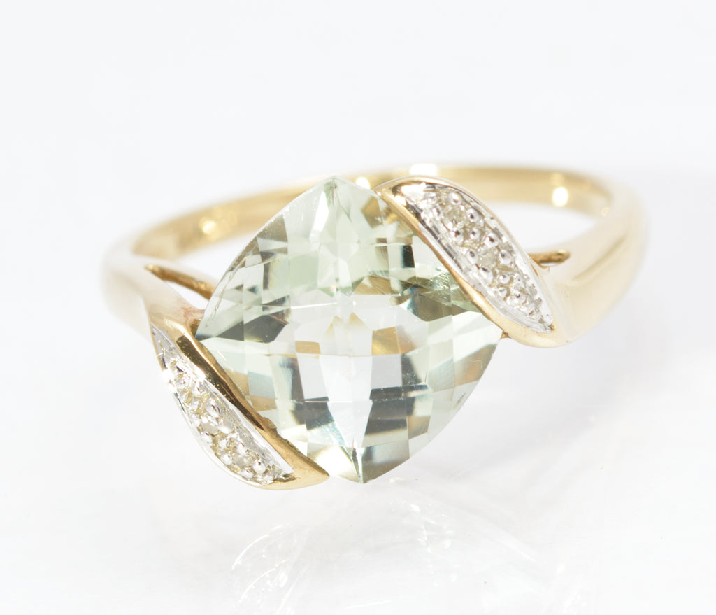 Stylish 9ct Gold & Natural Prasiolite & Diamond Offset Shoulder Ring Size P1/2 (C2864)
