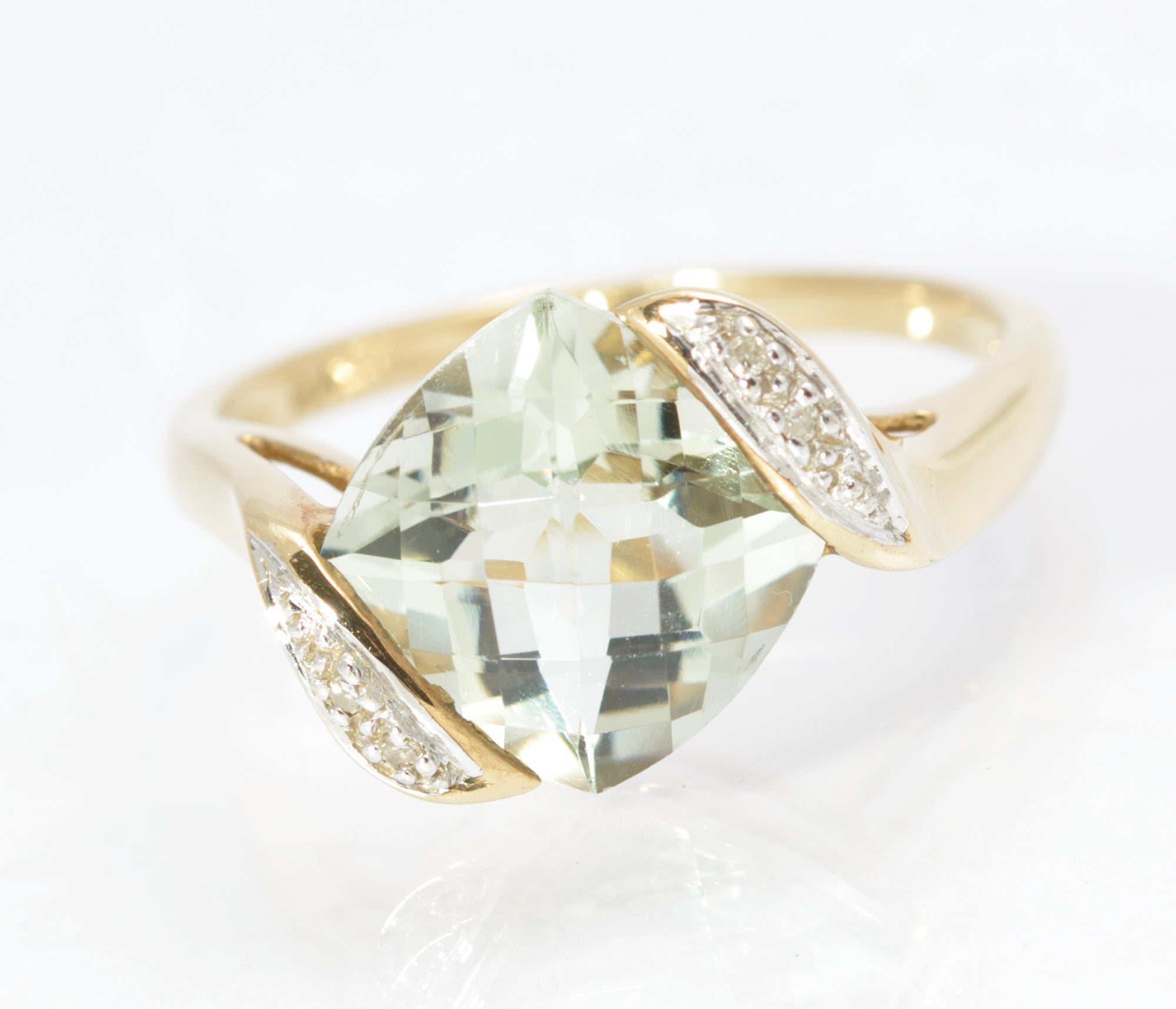 Stylish 9ct Gold & Natural Prasiolite & Diamond Offset Shoulder Ring Size P1/2 (C2864)